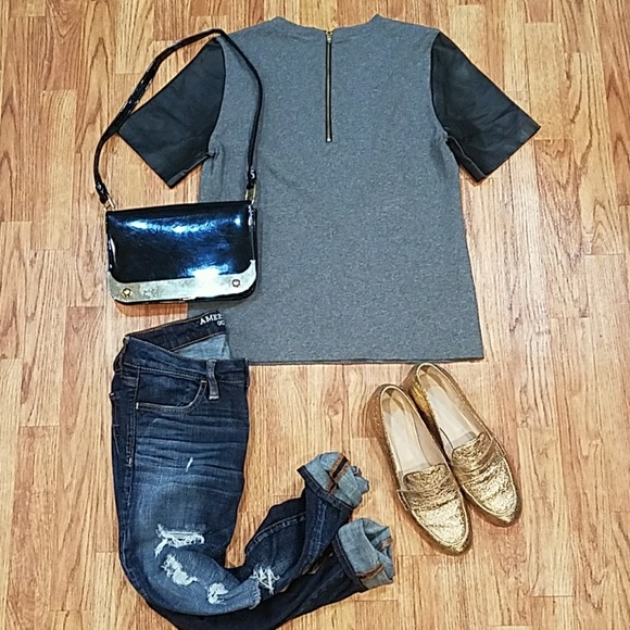 J. Crew Tops - EUC J Crew Grey cotton T- Shirt 💯% Leather Zipper